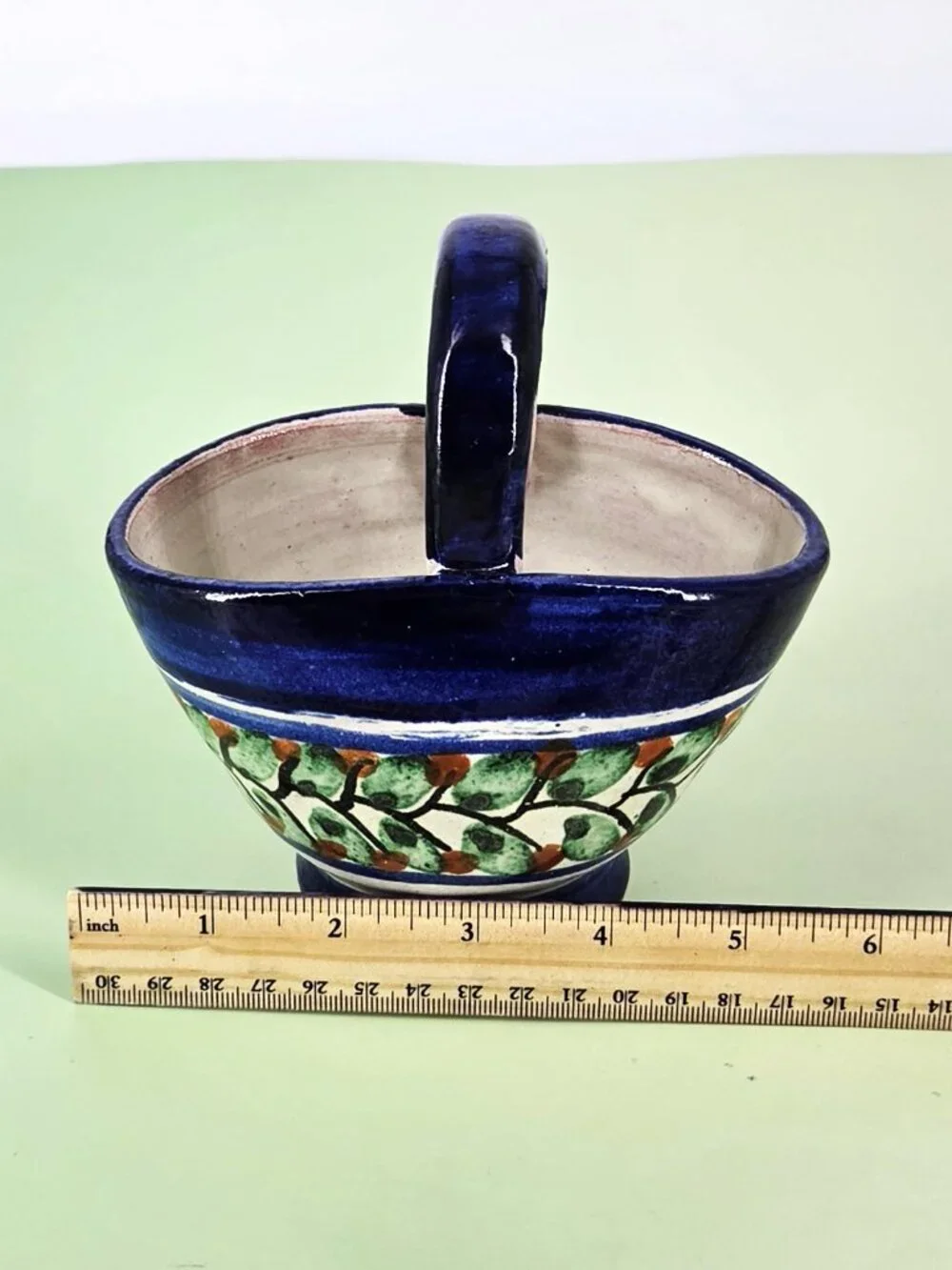 1990s Handmade Mexican Pottery Mini Handled Basket Succulent Planter Leaf Design